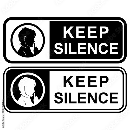 Black and White KEEP SILENCE Sticker Icon, Minimalist Vector Label for Warning and Prohibition, Editable EPS Isolated on White