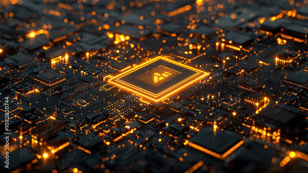 Elegant AI semiconductor design with glowing neon yellow elements, showcasing intricate circuitry and technology. vibrant lights create futuristic atmosphere Elegant AI semiconductor design with glowing neon yellow elements, showcasing intricate circuitry and technology. vibrant lights create futuristic atmosphere