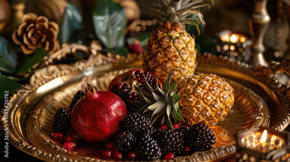 Luxurious fruit arrangement with golden pineapples, ruby red pomegranate seeds, and blackberries on a golden tray, candlelit dinner atmosphere, rich and moody Luxurious fruit arrangement with golden pineapples, ruby red pomegranate seeds, and blackberries on a golden tray, candlelit dinner atmosphere, rich and moody