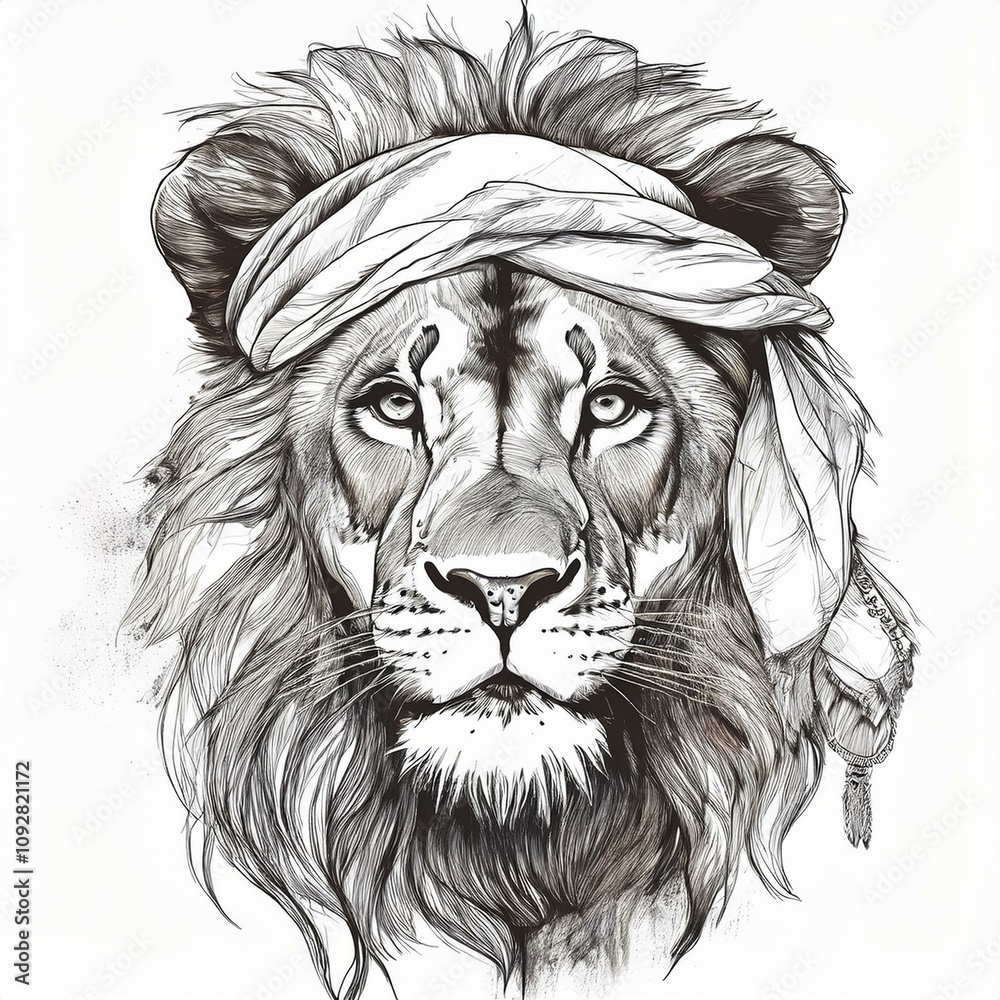 Obraz premium illustration of a lion with headscarf on painted ink sketch drawing isolated on white background