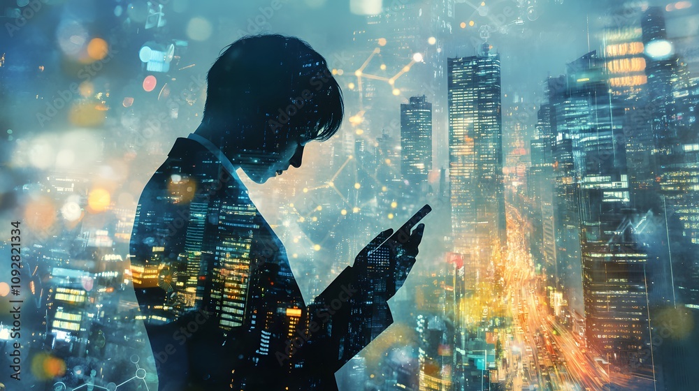 Obraz premium Double exposure of a digital identity, cityscape, and a businessman working on a mobile phone with graphs and buildings in the background