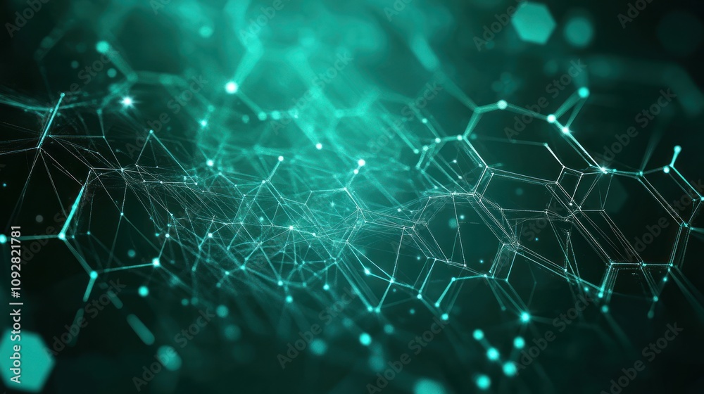 Abstract digital network with interconnected nodes and lines in teal hues.