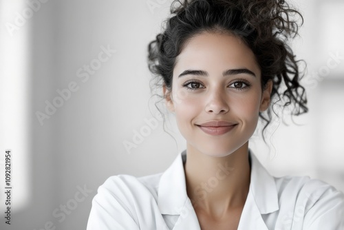 A confident and smiling woman in a white coat, standing in a bright room, radiating warmth and professionalism, reflecting positive attitude and resilience.