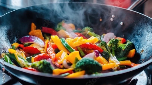 Close-up of steaming stir-fried vegetables in a pan, including bell peppers, zucchini, and onions. Highlights the vibrant colors and freshness of the ingredients. Generative AI