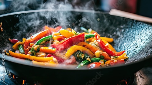 Close-up of steaming stir-fried vegetables in a pan, including bell peppers, zucchini, and onions. Highlights the vibrant colors and freshness of the ingredients. Generative AI