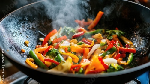 Close-up of steaming stir-fried vegetables in a pan, including bell peppers, zucchini, and onions. Highlights the vibrant colors and freshness of the ingredients. Generative AI