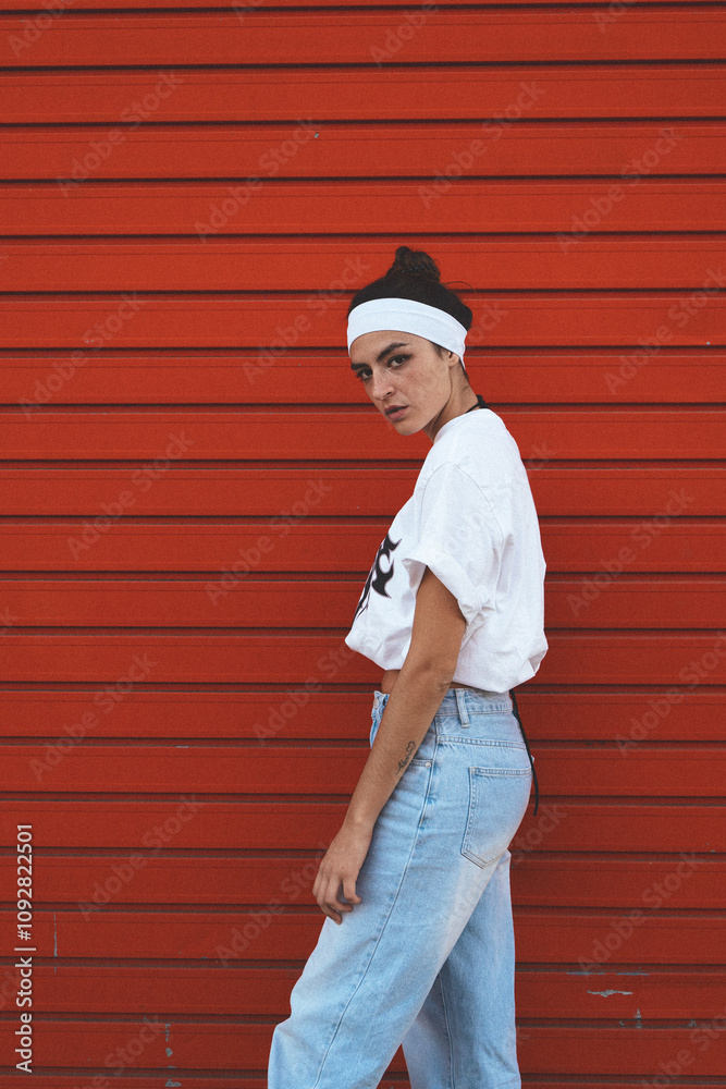 Modern girl on red background Modern girl on red background
