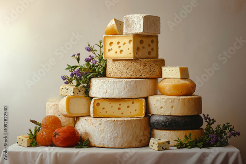 A stack of cheese on a table with pumpkins and flowers photo