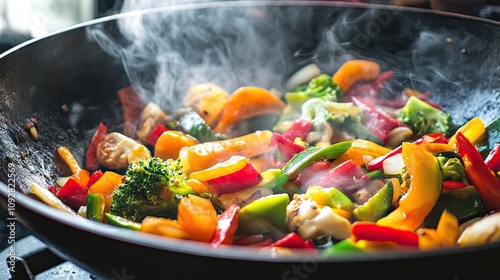 Close-up of steaming stir-fried vegetables in a pan, including bell peppers, zucchini, and onions. Highlights the vibrant colors and freshness of the ingredients. Generative AI