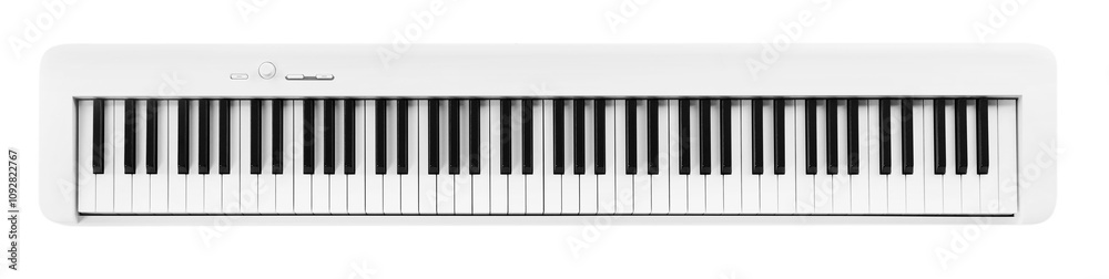 One synthesizer isolated on white, top view. Electronic musical instrument One synthesizer isolated on white, top view. Electronic musical instrument