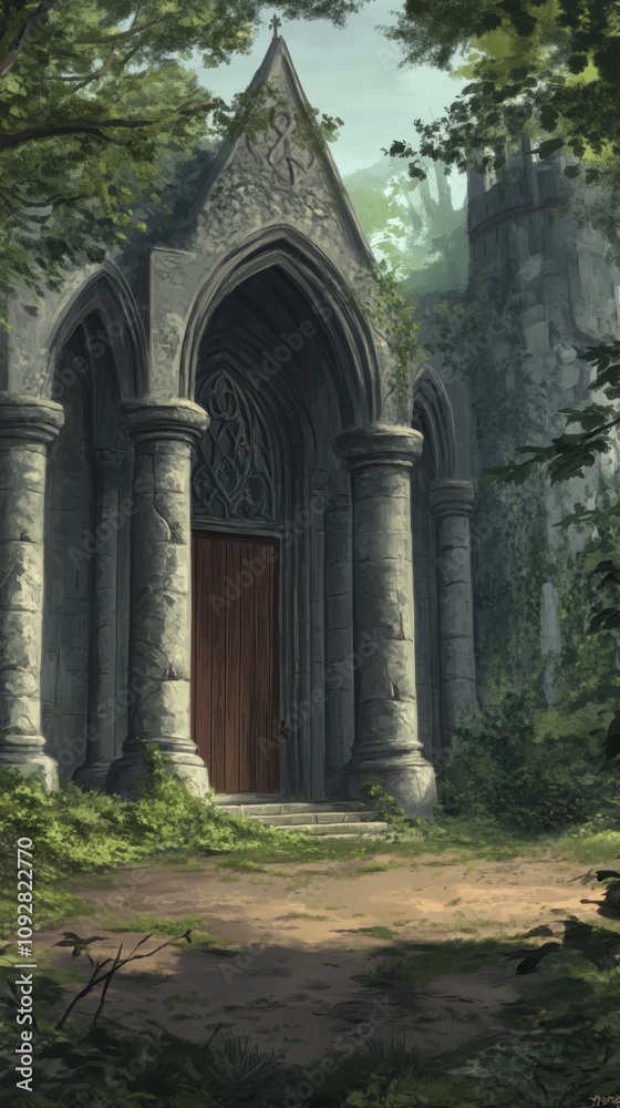 Fototapeta premium A mystical stone structure with a large wooden door, surrounded by lush greenery.