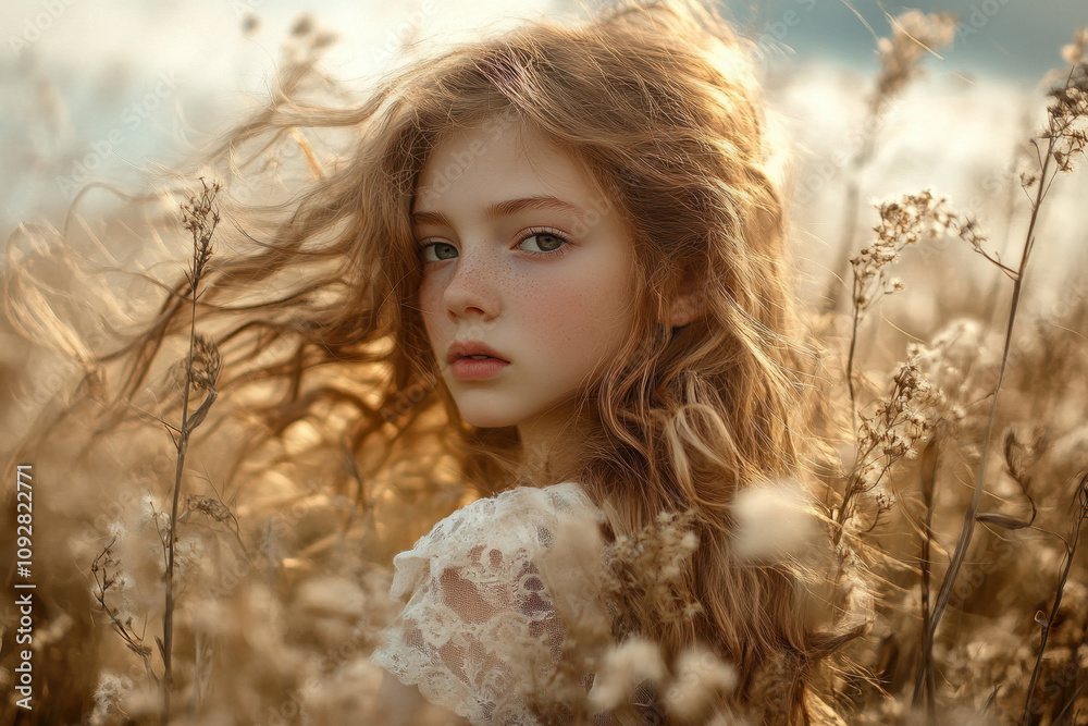 Young girl with flowing hair in a golden field, capturing a serene and ethereal moment beneath a soft, cloudy sky.
