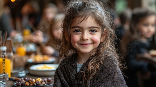 Happy girl smiling while sitting at a table with food and drinks