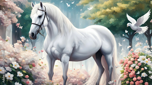 A white horse is standing in a park full of flowers and a beautiful dove is sitting on top of it