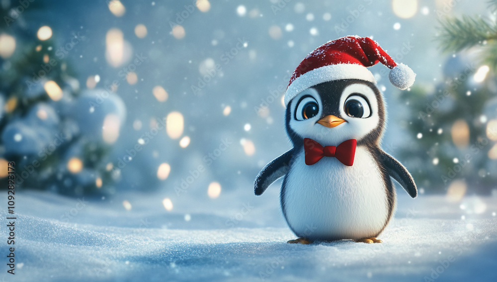 Happy cartoon penguin wearing a red Santa hat and bow tie stands in snow during a winter holiday celebration with falling snowflakes Happy cartoon penguin wearing a red Santa hat and bow tie stands in snow during a winter holiday celebration with falling snowflakes