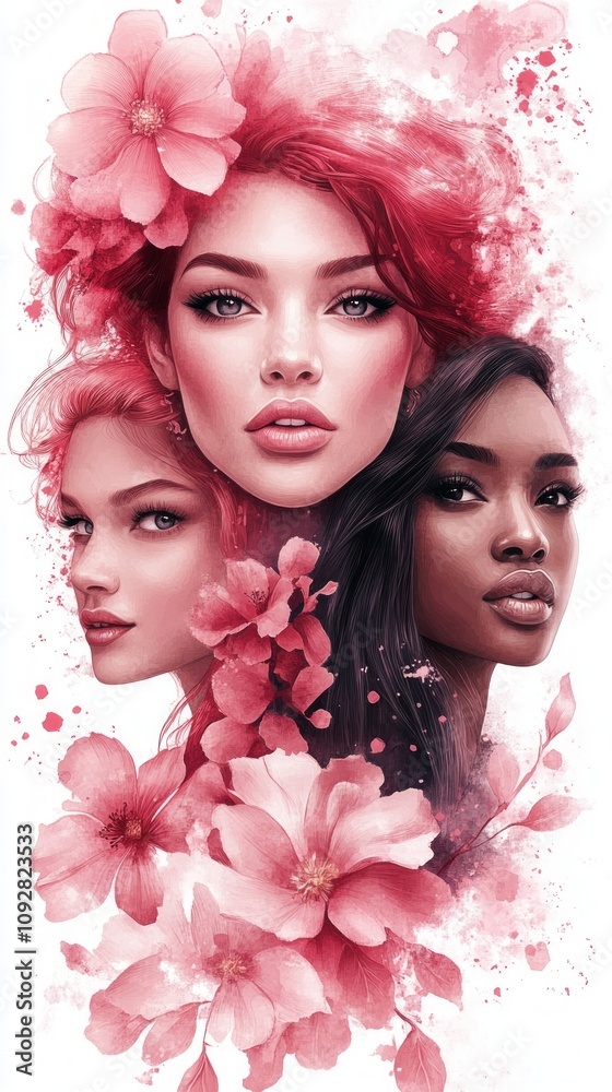 An artistic representation featuring three women of different backgrounds surrounded by pink blossoms, symbolizing unity and empowerment on International Women's Day An artistic representation featuring three women of different backgrounds surrounded by pink blossoms, symbolizing unity and empowerment on International Women's Day