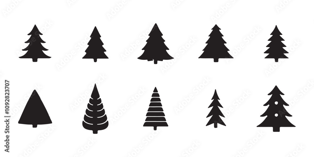 Obraz premium Christmas tree icon set. Vector illustration of pine silhouette