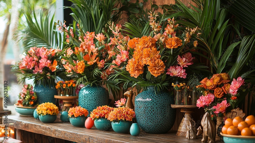 Fototapeta premium Vibrant floral arrangements with colorful blooms and decorative vases