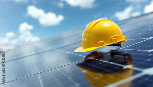 Yellow safety helmet on solar cell panel