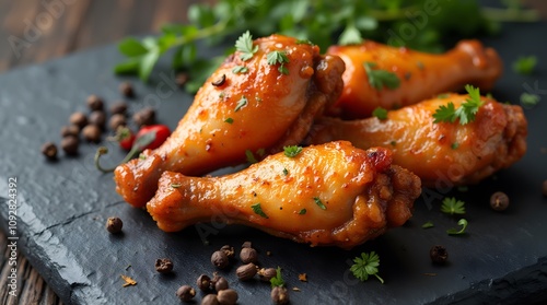 On the board are chicken drumsticks in marinade and herbs, baked with Tiryaki sauce. Cooking chicken drumstick according to the recipe. Beautiful presentation of baked chicken drumstick with black pep photo