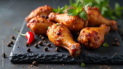 Baked chicken thighs on a dark stone board, garnished with black peppercorns and chili peppers. Promotional photo of chicken meat. Restaurant chicken dish.