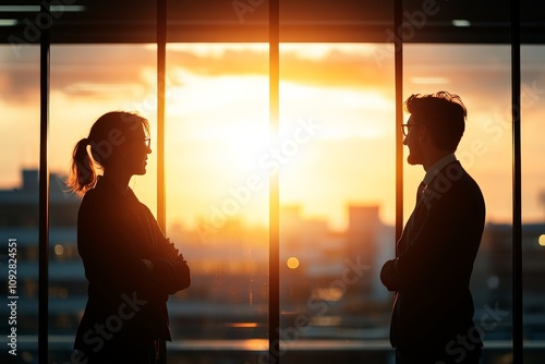 Two silhouetted figures engage in conversation in an office with large windows, as a vibrant sunset paints the sky, creating an ambiance of collaboration and vision. photo