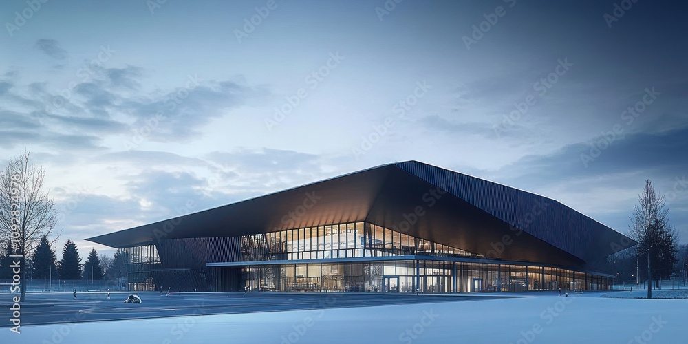 Modern architectural structure with angular design and large glass windows, set in a tranquil landscape. Modern architectural structure with angular design and large glass windows, set in a tranquil landscape.