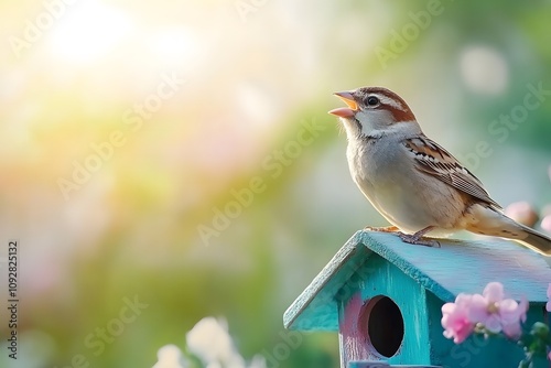 A cute little bird perched on a colorful birdhouse, singing happily, with copyspace and a sunny garden background. 

 photo