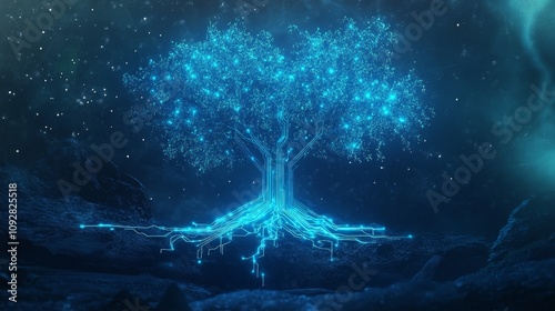 Illuminated Blue Tree with Circuit Branches - Concept of Sustainable Technology Growth for Businesses photo