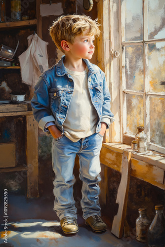 A painting of a young boy standing in front of a window photo