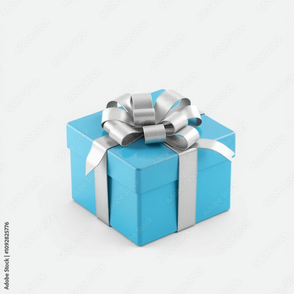 Here is the 3D illustration of a blue gift box with a silver bow and ribbons Here is the 3D illustration of a blue gift box with a silver bow and ribbons