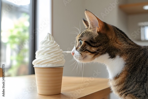 A cute cat curiously sniffing a can of whipped cream, with copyspace and a cozy home environment. Gentle, diffused light. National Whipped Cream Day photo