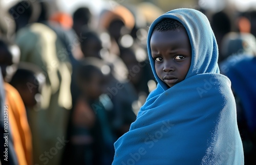 Young war-weary-colored Muslim boys wrapped in blue blankets, standing on the street with many people behind them waiting to board cargo ships as they confidently look at camera. hot summer day