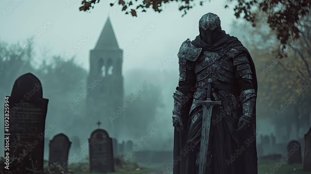 Dark knight in full armor standing in a misty graveyard with gothic church in the background. Generative AI Dark knight in full armor standing in a misty graveyard with gothic church in the background. Generative AI