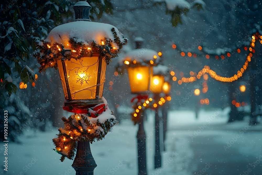 Winter evening stroll along a snow-covered park pathway with lights Winter evening stroll along a snow-covered park pathway with lights