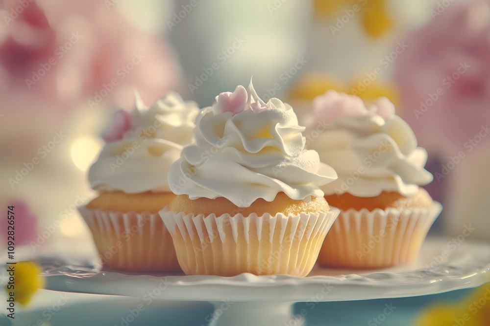 A charming dessert table filled with colorful cupcakes topped with fluffy whipped cream, with copyspace and a festive atmosphere. Bright, cheerful light. National Whipped Cream Day. A charming dessert table filled with colorful cupcakes topped with fluffy whipped cream, with copyspace and a festive atmosphere. Bright, cheerful light. National Whipped Cream Day.