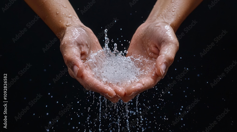Fototapeta premium Water droplets splashing off a person s hands in slow motion, hands splash, dynamic droplet capture