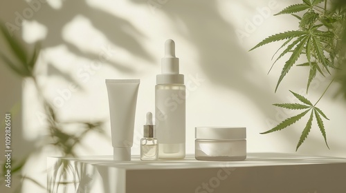 Hemp cosmetics on a light background. Selective focus