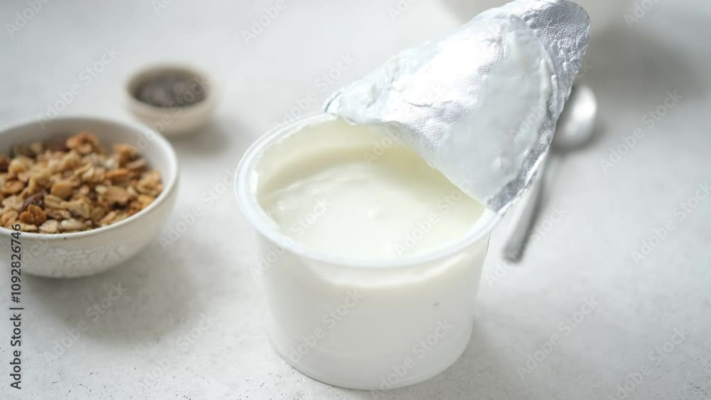 Plain greek yogurt in a plastic cup. Open lid Plain greek yogurt in a plastic cup. Open lid
