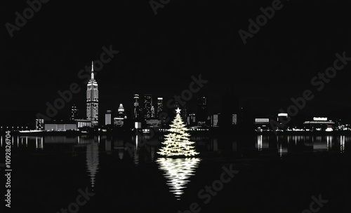 A litup christmas tree floats in the center of a tranquil body of water behind it a city skyline glows with lights and structures christmas tree silhouette Illustration  photo