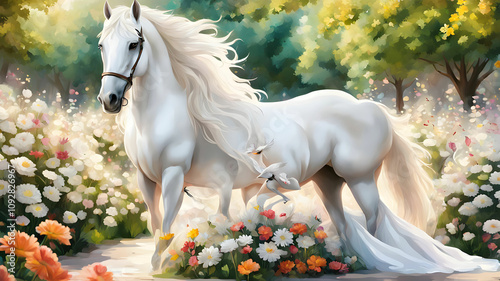 A white horse is standing in a park full of flowers and a beautiful dove is sitting on top of it