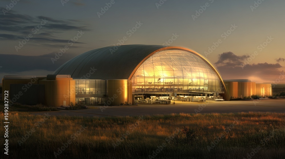 A modern building with a large glass dome, illuminated by sunset, serving as an aviation facility.