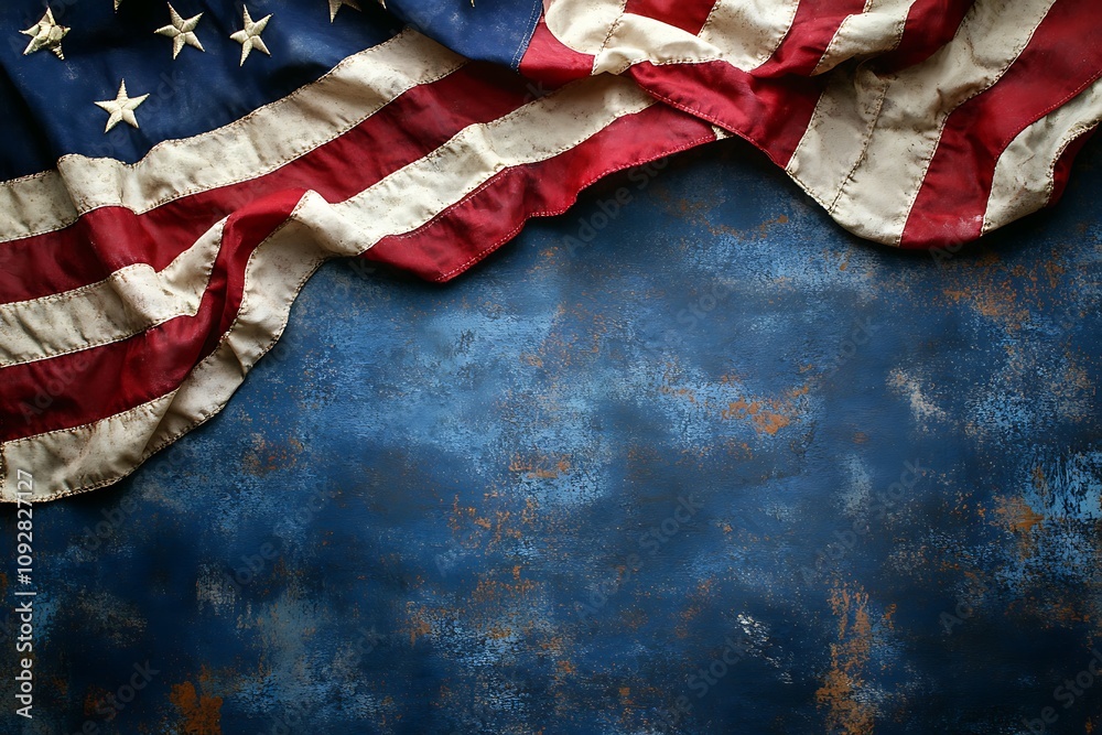 Fototapeta premium Closeup of American flag on dark blue background with copy space for text