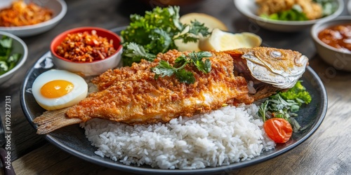 Delicious deep fried fish served with a flavorful herb and spicy sauce alongside rice, complemented by stewed egg and bread, creating a perfect meal featuring deep fried fish.