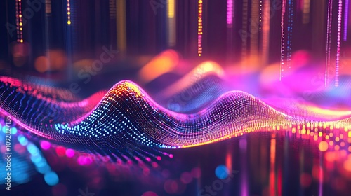 Abstract multicolored waves of glowing light resembling a vibrant digital landscape in motion. Generative AI