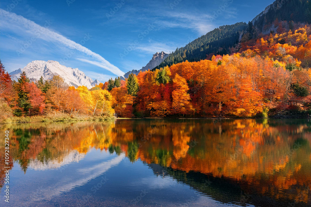 Autumn landscape featuring vibrant trees and mountains reflected in a tranquil lake, showcasing red, orange, and yellow leaves, ai. Autumn landscape featuring vibrant trees and mountains reflected in a tranquil lake, showcasing red, orange, and yellow leaves, ai.