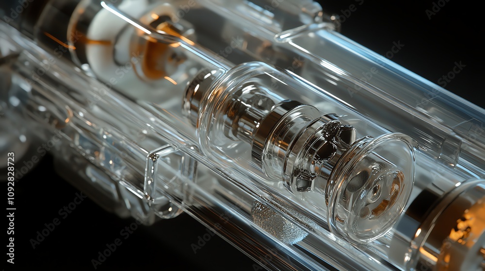 Close-up of a glass manufacturing component with metal parts. Close-up of a glass manufacturing component with metal parts.