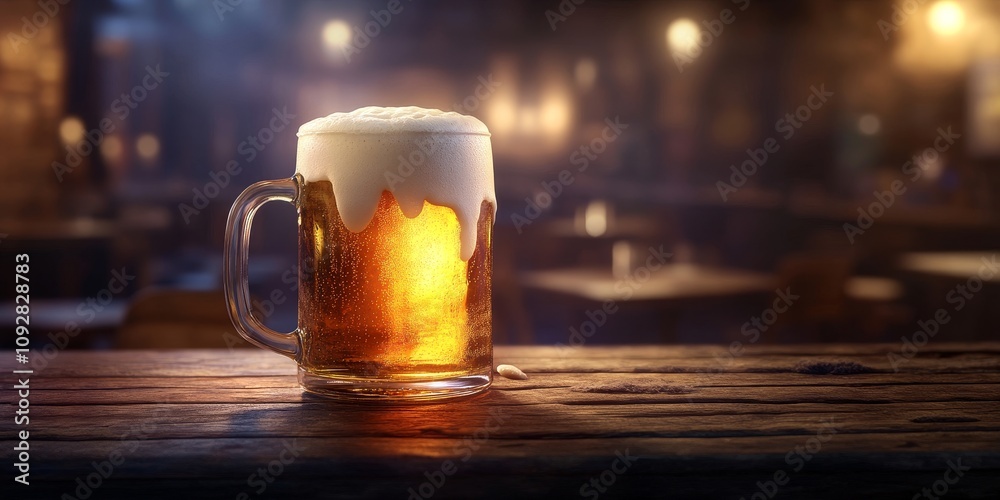 Light beer mug with a frothy foam sits atop a wooden table in a lively pub, highlighting the enjoyment of light beer in a cozy atmosphere with friends. Perfect for light beer enthusiasts. Light beer mug with a frothy foam sits atop a wooden table in a lively pub, highlighting the enjoyment of light beer in a cozy atmosphere with friends. Perfect for light beer enthusiasts.