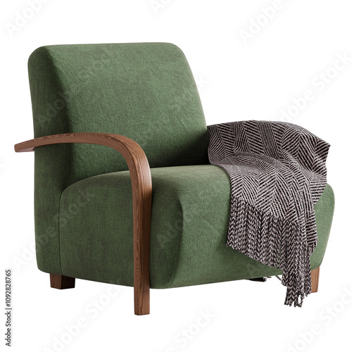 A green chair with a wooden arm rest and a black