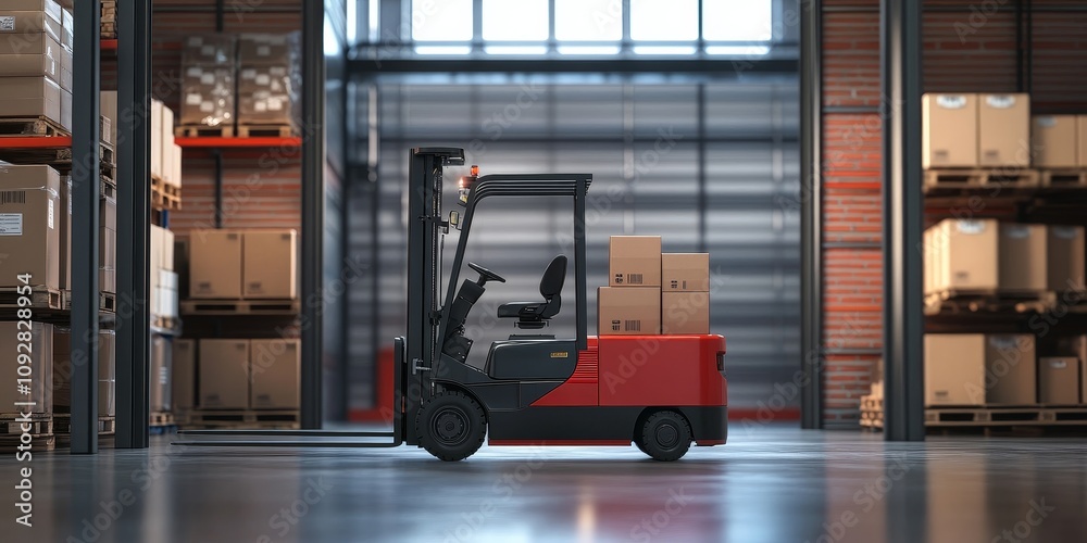 Electric forklift pallet jack positioned with package boxes stacked on pallets. This electric forklift enhances storage warehouse efficiency, improving supply chain and logistics operations within